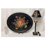 Vintage Tole Painted Oval Tray & Candlestick Lamp