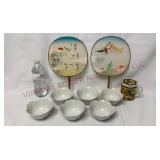 Asian Bowls, Enesco Mug & Painted Silk Fans