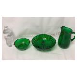 Vintage Green Glass Bowls & Juice Pitcher