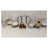 Corning Ware Stand, Enamel Pans, Bowls & Jam Pot