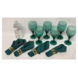 Green Glass Goblets, Napkins & Rings