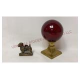 Antique Brass Dog Doorknocker & Glass Orb Pedestal