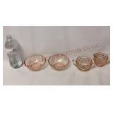 Pink Arcoroc Bowls, Jeannette Cube Sugar & Creamer