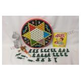 Vtg Chinese Checkers, Book, Noisemaker & Army Men