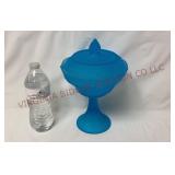 Indiana Glass Frosted Satin Blue Candy Dish w Lid
