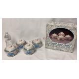 Vintage Blue Heart Covered Soup Crocks / Bowls