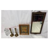 Brass Candlesticks, Framed Art & Antique Mirror