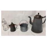 Antique Graniteware Tea Coffee Pots & Berry Bucket