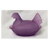 Purple Satin Glass Hen On Nest - 4.75" Size