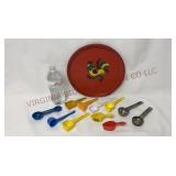 Vintage Metal Rooster Tray & Advertising Scoops