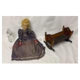 Vintage Cloth Rag Doll & 12" Tole Painted Cradle