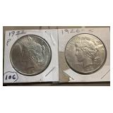 2 US Peace silver dollars 1922 P 1926 S