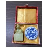 Antique jade horse seal stamp & wax pot / box