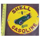 SHELL gas pump porcelain sign w race car 1952