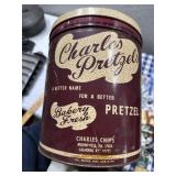 Old tin litho Charles Chips Pretzels can
