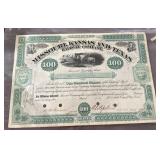 1885 MKT Railroad railway stock certificate Texas