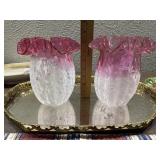 Pair 8" art glass cranberry white opalescent vases