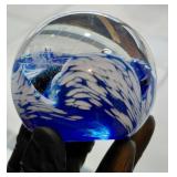 Signed JF MAUI 2004 blue art glass paperweight