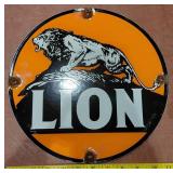 LION GASOLINE porcelain gas pump sign