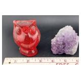 2 paperweights Murano owl & Purple crystal stone