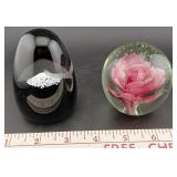 2 paperweights art glass mountain eagle peony rose
