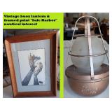 Old nautical buoy lantern + art lithograph harbor