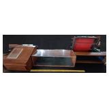 Primitive cash box & 3 old store display cases