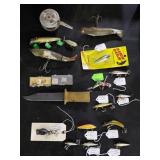 Old wooden fishing lures reel knife more 20pc LOT