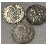 THREE Morgan US silver dollar coins 1887 1901 1921