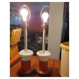 PAIR 30" antique milk glass & oak wood lamps