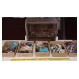 250 pc costume jewelry & old wooden Mary Ann box