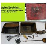 Old wooden crates tobacco tin primitives magazines