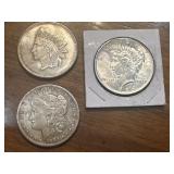 3pc lot 2 Morgan silver dollars + 999 1oz silver