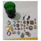 29 old LOCKET pendants & green tumbler