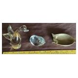 Murano duck paperweight brass owl dish chicken