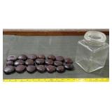 Old 6.5" ribbed hoosier coffee jar & 20 SEA BEANS