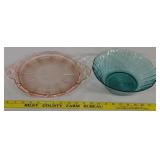 2pc 1930s JEANETTE glass pink cake plate blue bowl