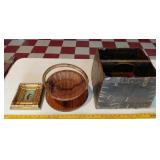 Antique rice bucket, collapsible basket, painting