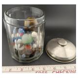 Antique tobacco humedor & 70+ marbles 1 tiger eye