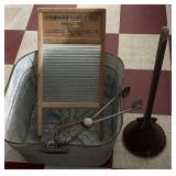 Farm primitives washtub washboard posser & tongs