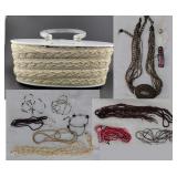 1950s box purse w lucite handle & jewelry contents