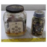 2 old jars full of vintage buttons thread spools