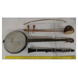 Old HARMONY banjo, asian violin, & clarinet