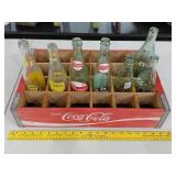 COCA COLA wooden crate + 7 vtg soda bottles
