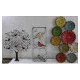 THREE vintage metal wall hangings birds flowers
