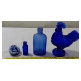 Cobalt blue rooster dish 2 bottles & paperweight