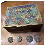 4 ancient bronze coins + cloisonne enameled box