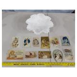 FENTON bowl & 11 antique advertising trade cards