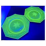 2 URANIUM glass etched octogon plates