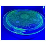 URANIUM sunflower daisy cake plate Jeanette Glass